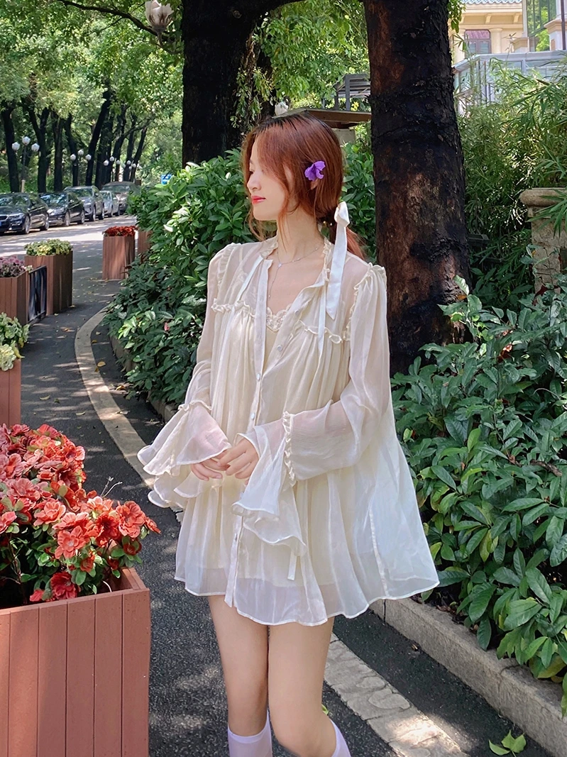 

Ele Sweet Sle Women's Chiffon irt Two-Piece Set Long Sve Lace Trim Belted Princ Fit High Waist Button Detail