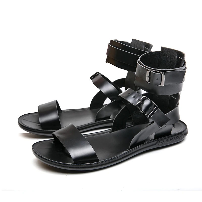 Summer Fashion Runway Sandals High Tops Leather Casual Shoes Breathable Beach Sandals Outdoor Slippers Black White Roman Shoes