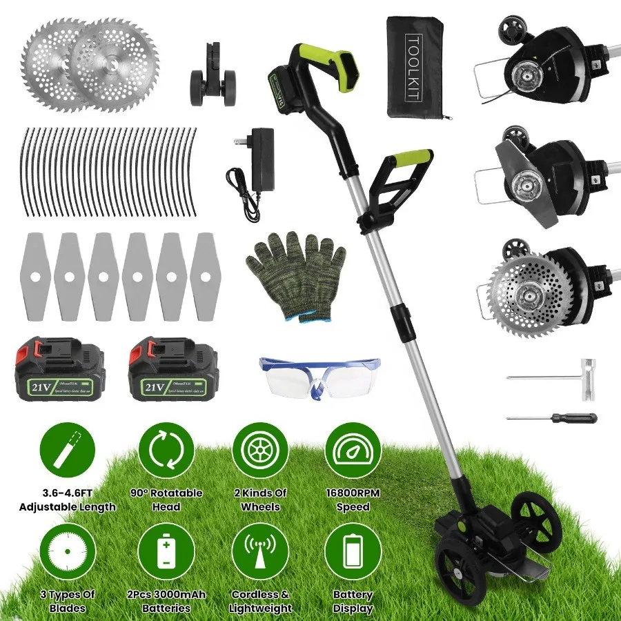 

21V Electric Weed Edger Cordless String Trimmer Grass Mower Eater Bush Cutter with 16800RPM 2x 3000mAh Batteries 3.64.6FT Lengt