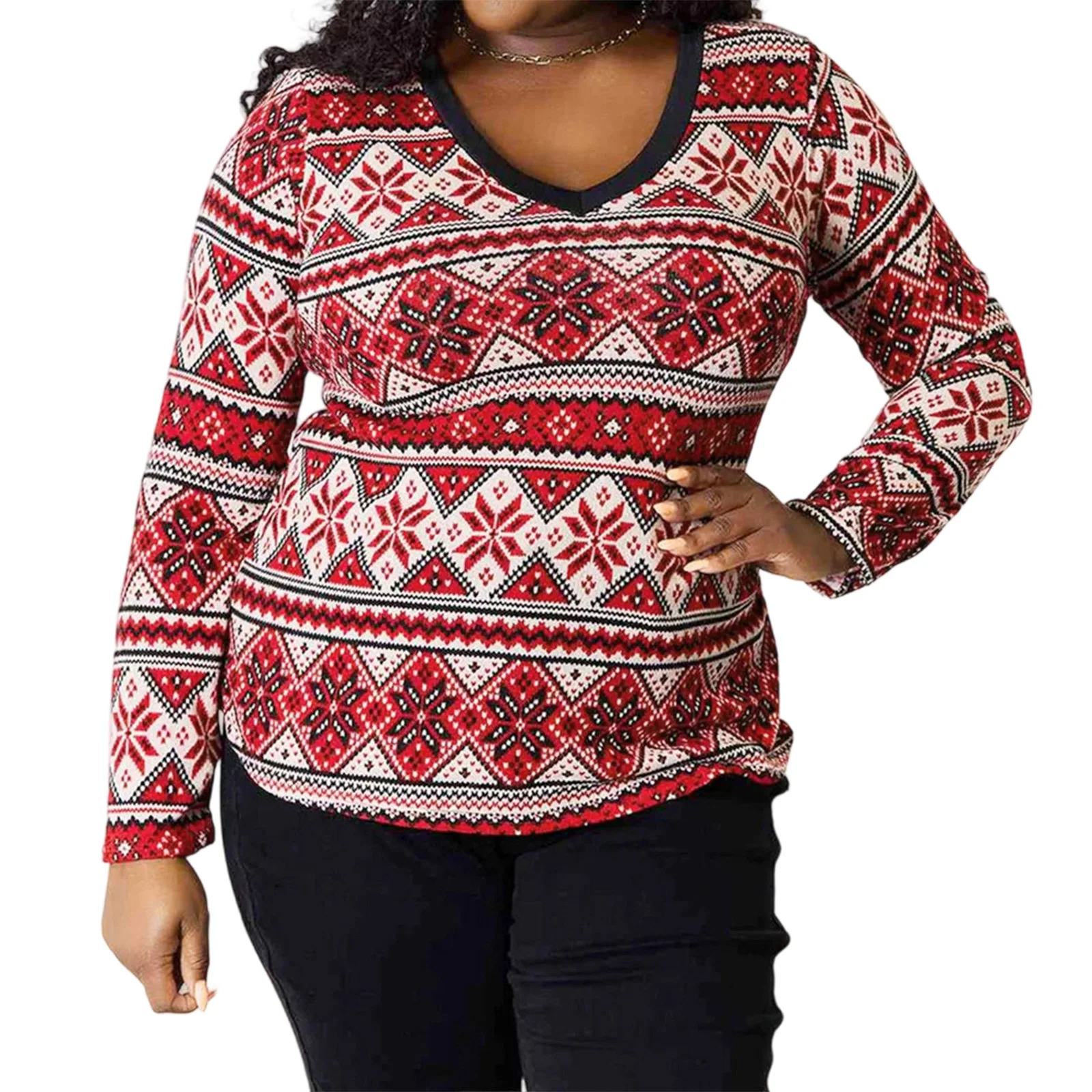 

Женские рождественские топы с v-образным вырезом и длинным рукавом с принтом снежинок, футболки больших размеров