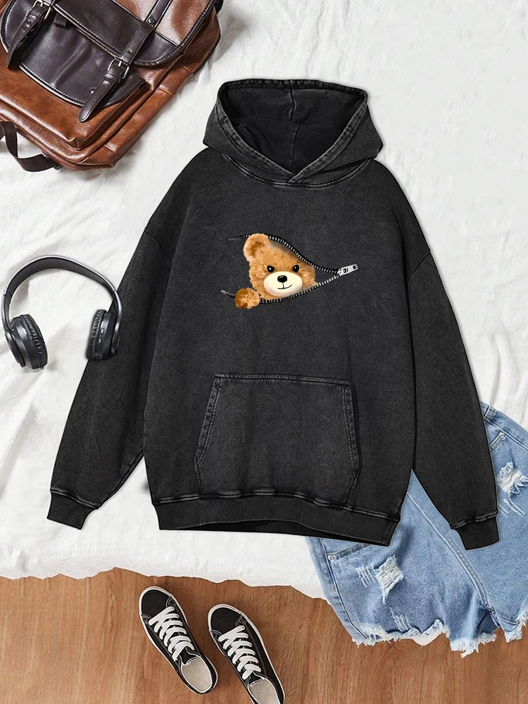 Little Bear In The Zipper Seam Printing Washed Hooded Men'S Retro  Simple Distressed Clothing Crewneck Autumn Oversize Hoodie