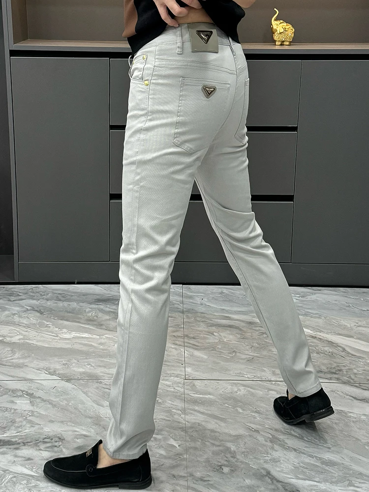 

Busin повседневные облегающие мужские джинсы, осень-зима, Новое поступление, однотонные прямые брюки, универсальные модные маленькие брюки...