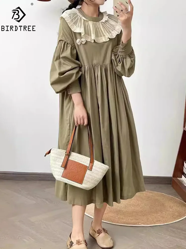 New Summer Cotton Long Sleeve Dresses, Woman Patchwork Lace Ruffles, Mori Girl Casual Sweet Loose Dress, 2024 Autumn D47545QM