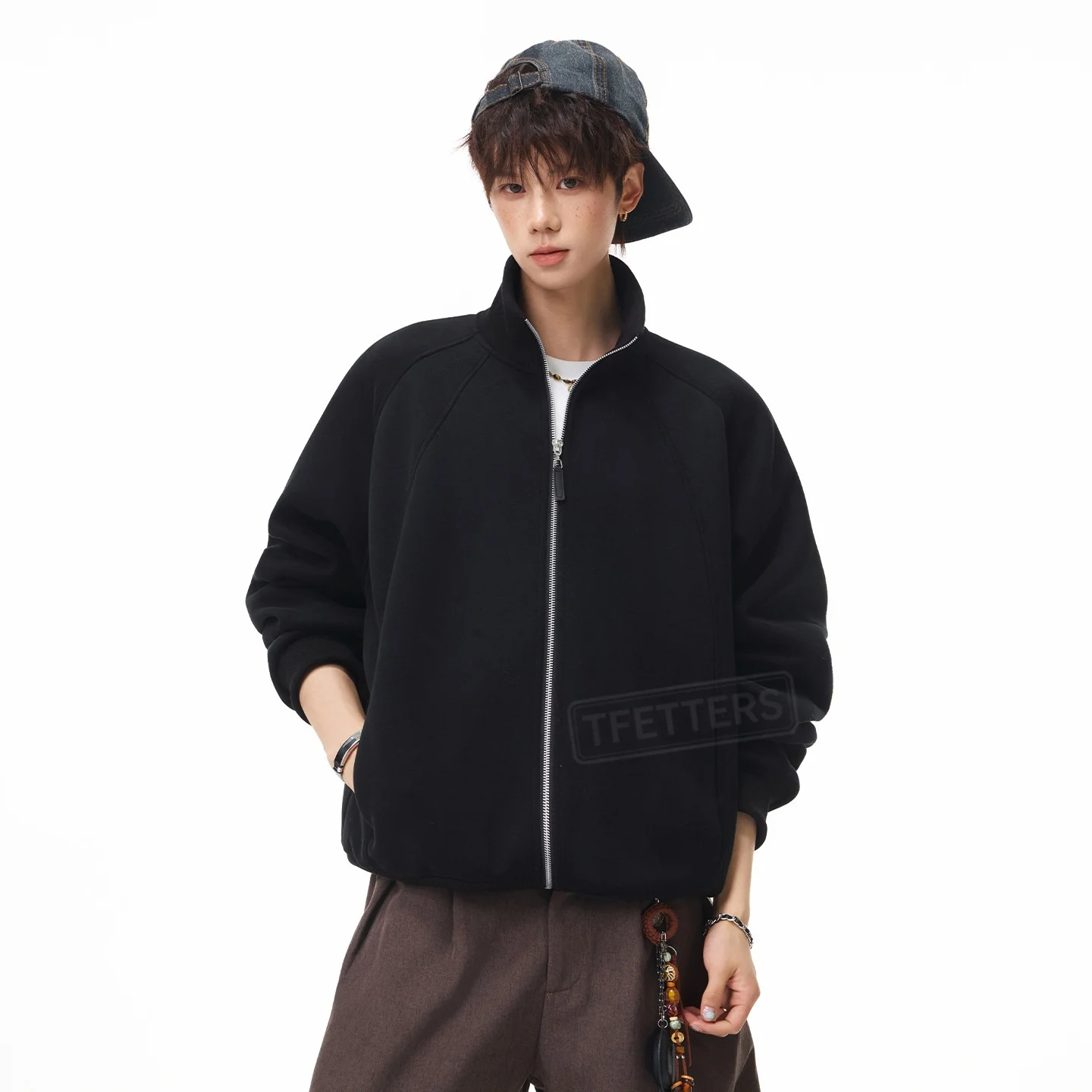 TFETTERS 2026 Autumn Fashion Sweatshirts Men Heavyweight Zip Up Stand Collar Solid Color Loose Sports Casual Jacket Outerwear