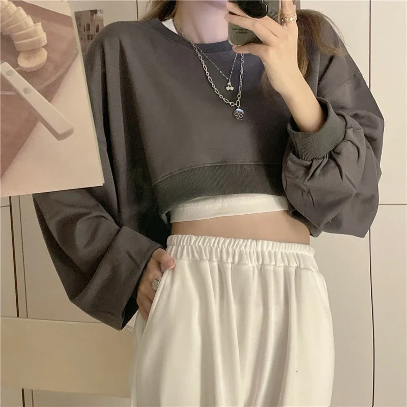 Korean Fashion Sweatshirts Women Solid Cropped Sexy Loose All-match Early Spring Casual Harajuku Tshirt Pullover Y2K