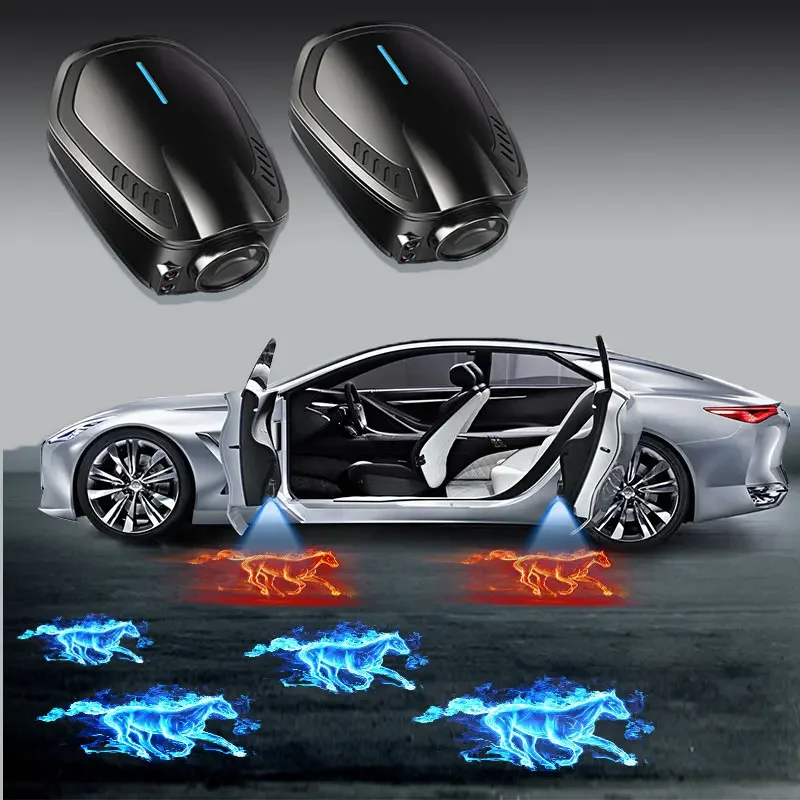 Car Welcome Door Projector Light Rechargeable Wireless Universal Auto Dynamic Running Horse Styling LED Lamp Car Accessories