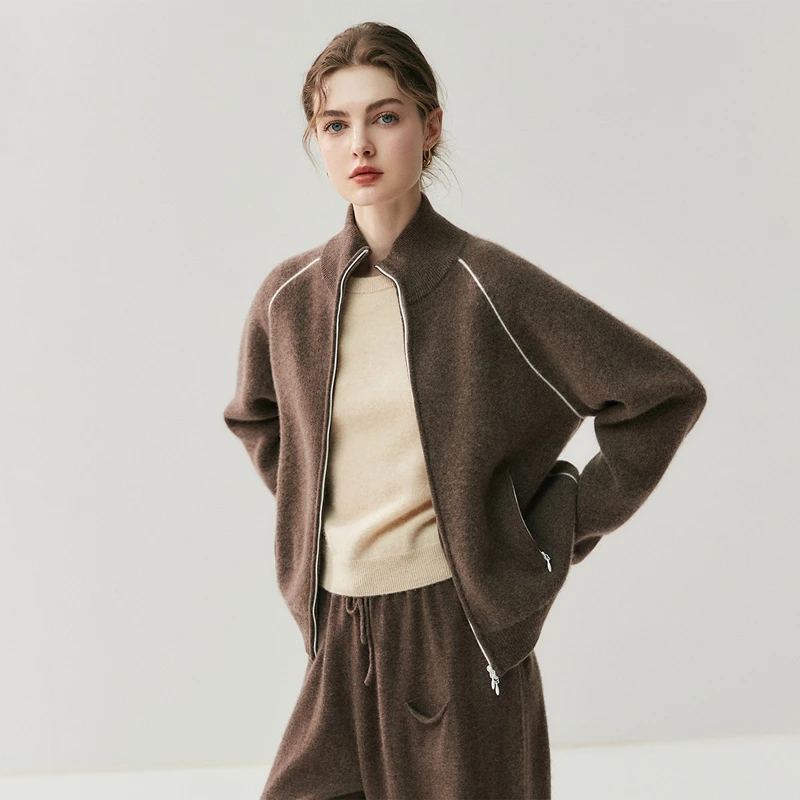 Thick Color Block Double Zipper Cardigan Women's 100% Cashmere Casual Sporty Sweater Autumn Winter Warm Comfortable Knit Coat