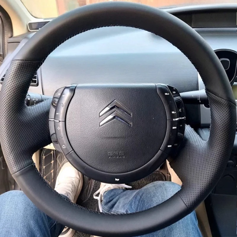 For Citroen Triumph Old C4 C-quatre 2007 2008 2009 Hand-stitched Black Genuine Leather non-slip Car Steering Wheel Cover