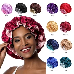 Lady Silk Night Sleep Hats Double Layer Head Cover Fashion Shower Cap Adjustable Silk Satin Bonnet For Women