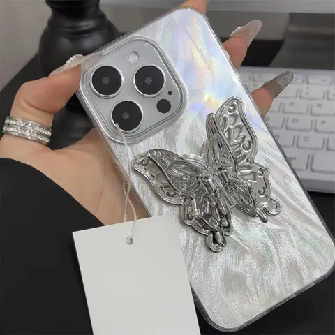 Luxury Laser 3D Silver Butterfly Holder Phone Case For Samsung A55 5G A54 A53 A52S 5G A35 A34 A33 A32 A15 A14 A13 A12 Case Cover