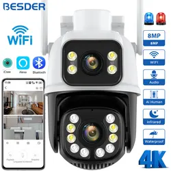 BESDER 8MP IP Camera PTZ Auto Tracking Night Vision Outdoor Security Protection Wifi CCTV Surveillance Camera Dual Screens iCSee