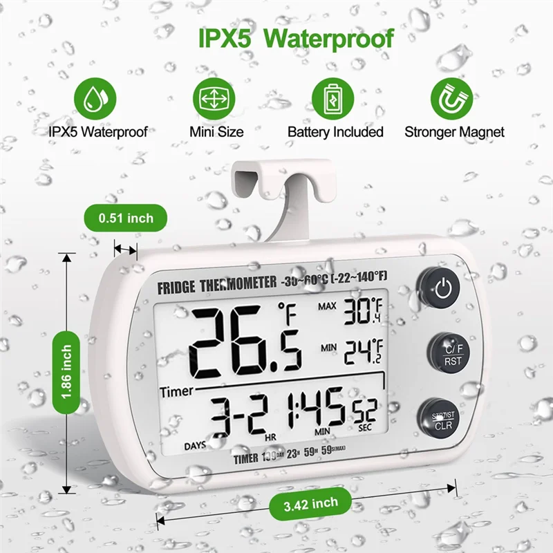 【صفقة فلاش】ميزان حرارة الثلاجة الرقمي، عبوتان، ميزان حرارة الثلاجة المقاوم للماء، وظيفة مؤقت التسجيل بحد أقصى/دقيقة #6