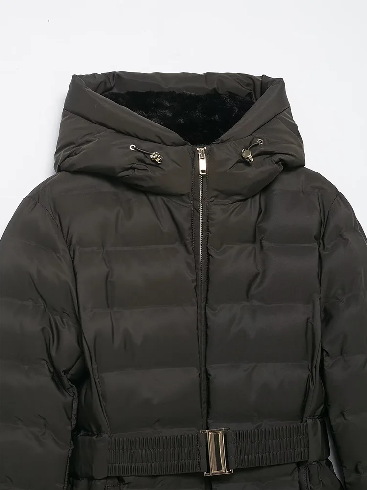 HH Women Winter Warm Windproof Hooded Thick Jacket Slim Casual Short Coats Woman Fashion Long Sleeves Belt Zipper Loose Outwear