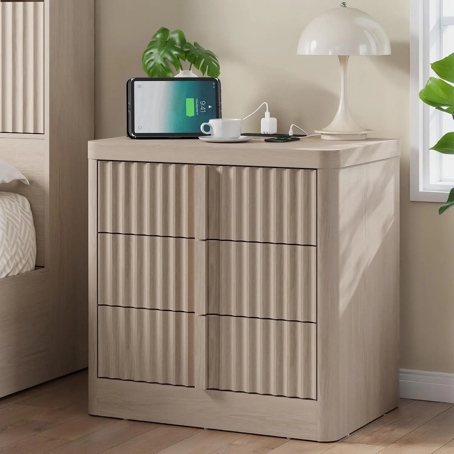 Fluted Nightstand with Charging Station, 23.6
