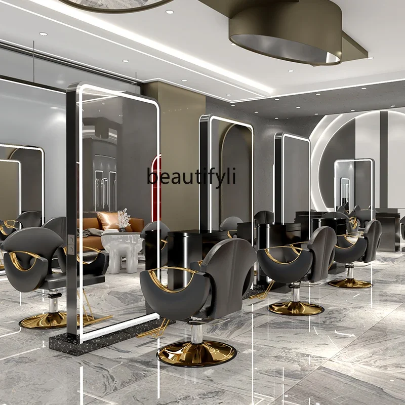 Hair Salon Dressing Table Led with Light Touch Floor Hair Cutting Perm Mirror Barber Shop Double-Sided