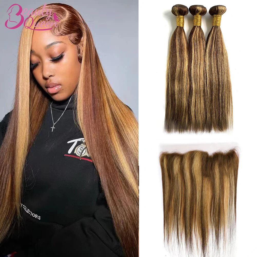 P4/27 Color Bundles With 13x4 Lace Frontal Straight Ombre Brown Blonde Human Hair Weave Bundles With Closure Remy Hair Extension