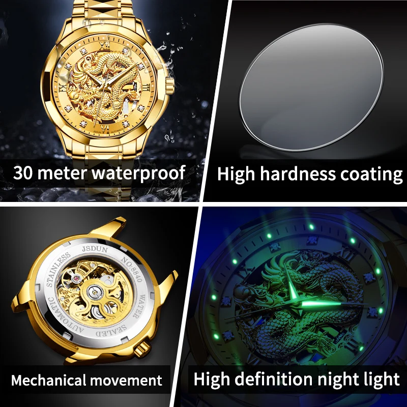 JSDUN 8840 Hollow Gold 3D Dragon Automatic Watch for Men Luxury Brand Tungsten steel Waterproof Manke Wristwatches Reloj Hombre