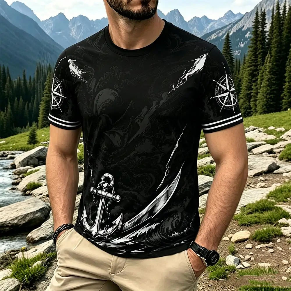 New Vintage Nautical Style T-shirt Men's summer skull Anchor graphic O-neck short sleeve top Men's Gothic casual streetwear tee view 2