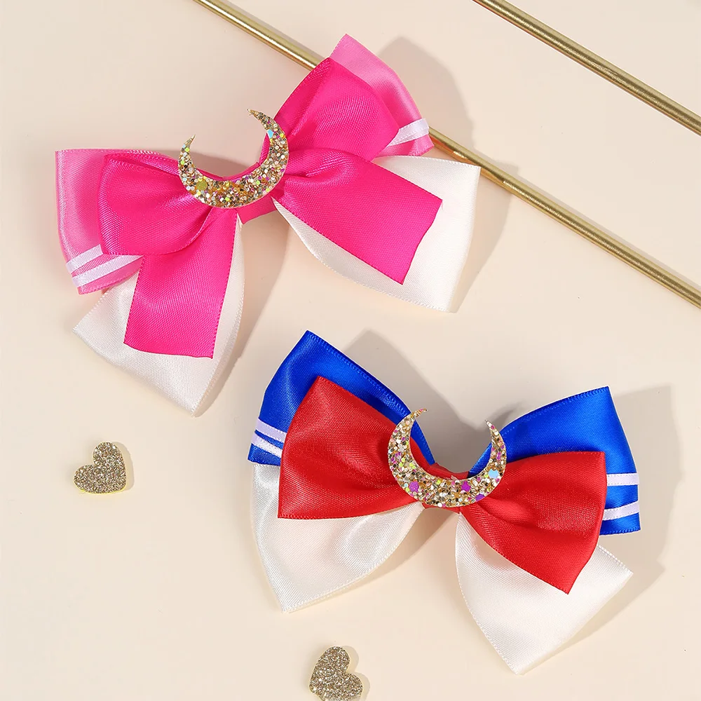 1/2 Uds. Pinzas para el cabello con forma de luna brillante para niñas, horquillas con cinta teñida de Color dulce para niñas, accesorios para la cabeza diarios para fiestas