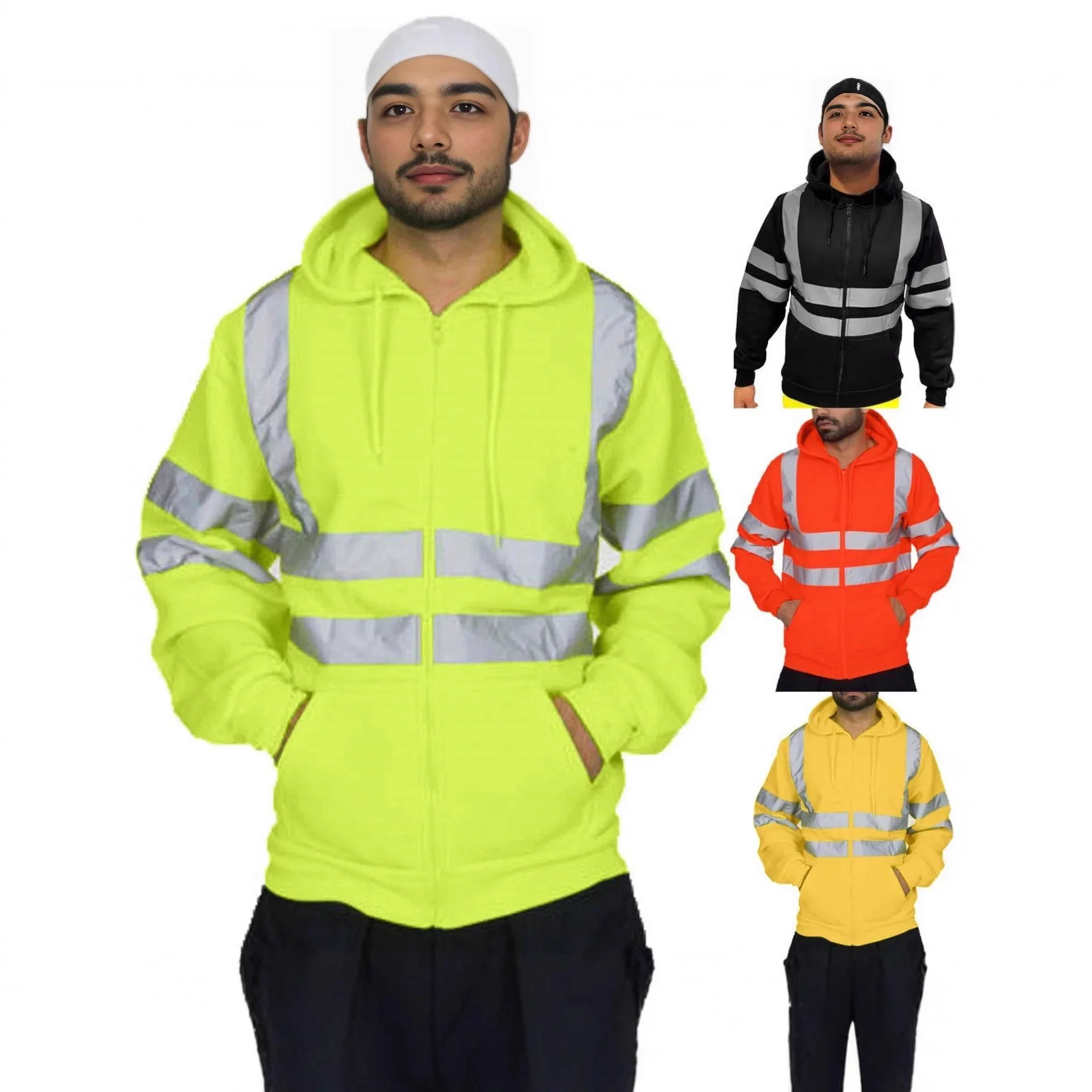 سويت شيرت رجالي مبطن بالصوف بسحاب عاكس وشريط عاكس كاجوال فضفاض مناسب ملابس خارجية مع جيوب نمط ملابس الشارع