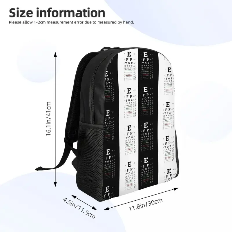 Snellen chart eye test mochila para computadora portátil para hombres y mujeres, bolsa de libros informal para escuela, estudiante universitario, optometrista, bolsa óptica