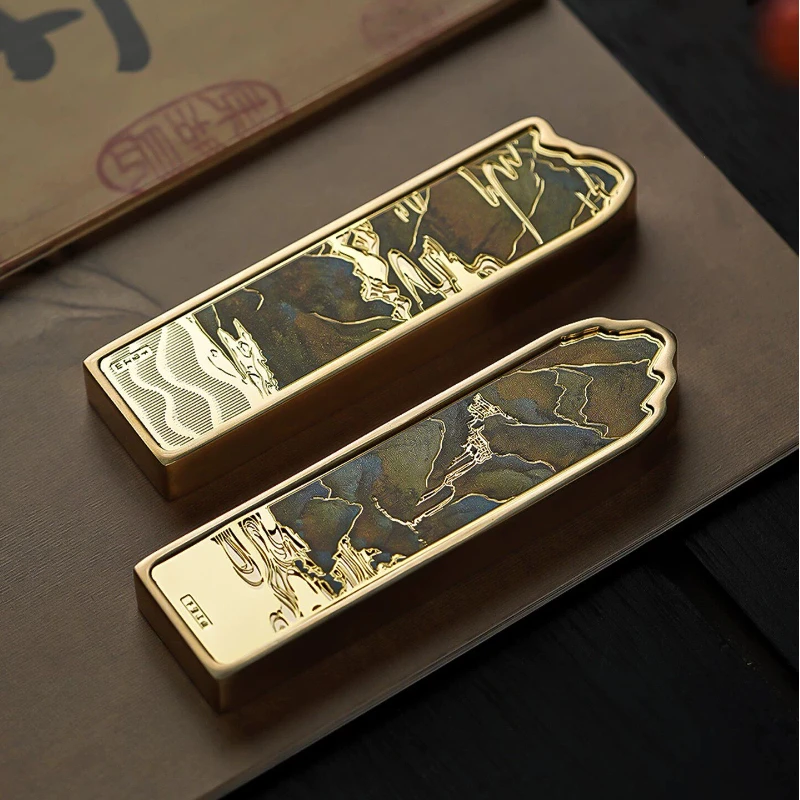 Solid Brass Paperweight with Pen Rest Thousand Li Landscape Pattern for Calligraphy Natural Traditional Chinese Paper Weight