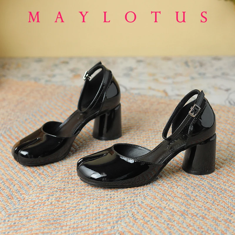 Split Toe Shoes 8cm High Heel Tabi Shoes Elegant Patent Leather Women Footwear Ankle Strap Buckle Lady Moccasins Shoes