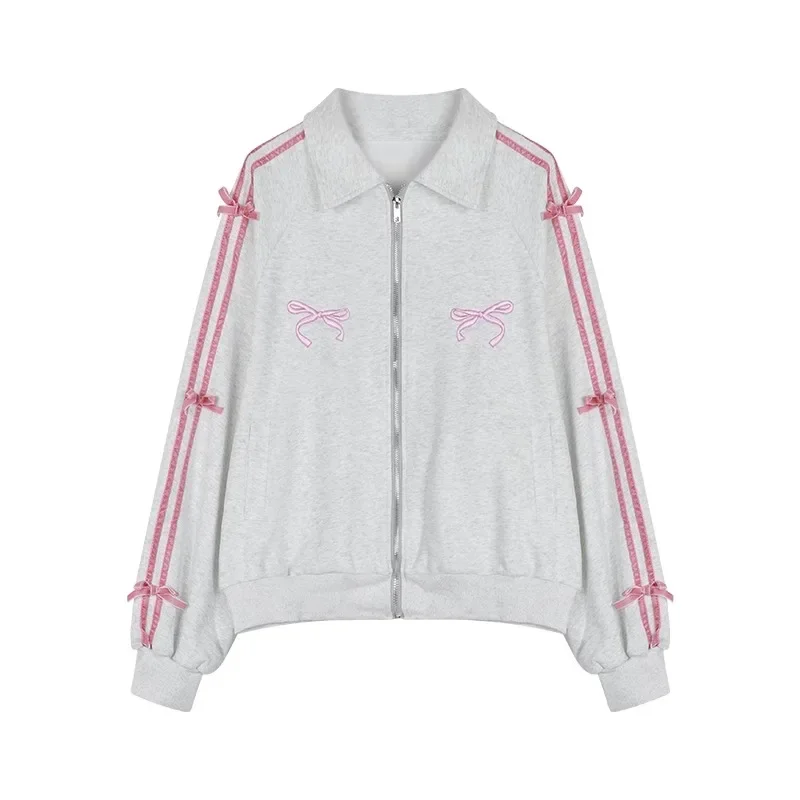 High Quality Sweet Women Cute Bow Striped Sweatshirt Zipper Turndown Collar Jacket Pink Embroidery Sports Hoodie Coat Streetwear