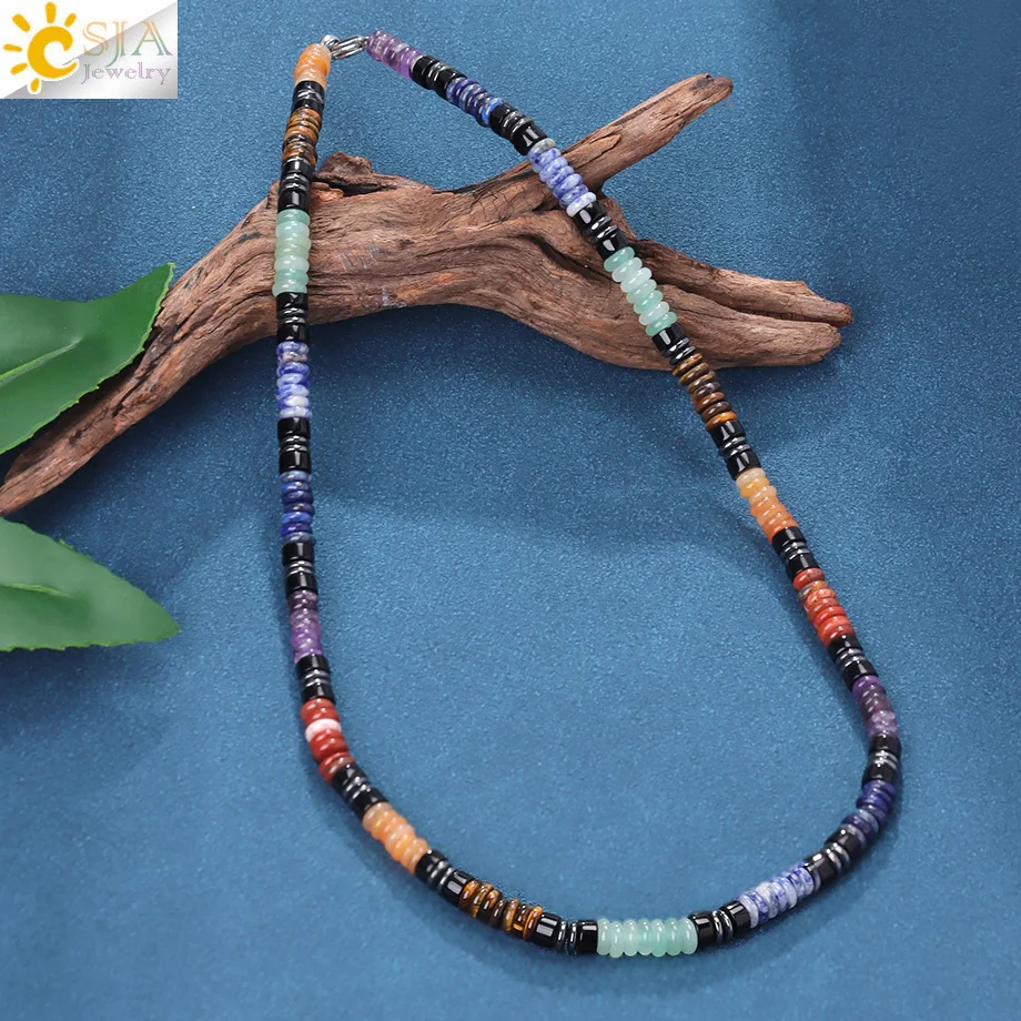 CSJA Vintage Bohemian Beaded Crystal Necklaces Natural Stone Choker Necklace Tiger Eye Amethysts for Women Man Jewelry H705