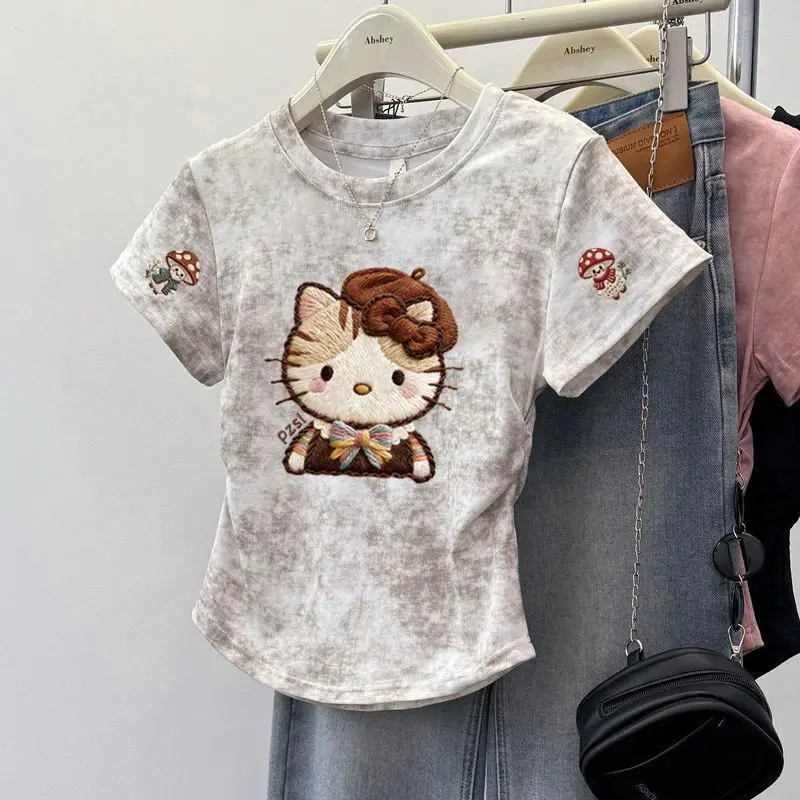ハローキティプリントコットンtシャツ、タイダイ染め半袖スリムフィットtシャツ、サイドギャザー付きのかわいいカジュアルトップス、通気性があり快適です。