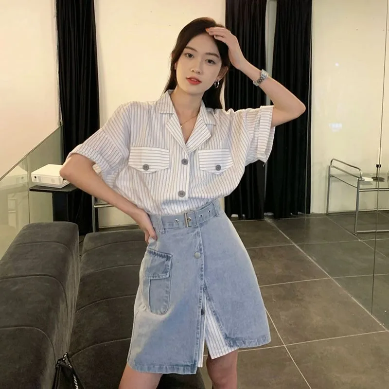 Short Sleeve Mature Skirt Women\'s Two Piece Set Slit Denim Y2k Clothes Formal Event New in The Same Stylish Full Female Outfits