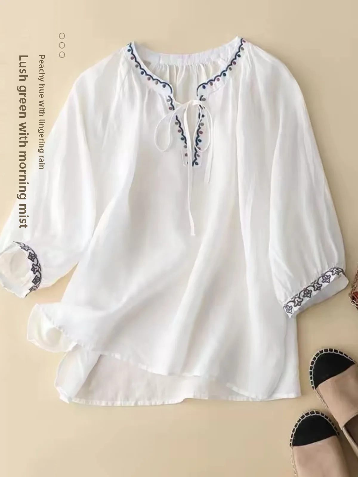 Top Estivo da Donna in Cotone e Lino, Design con Scollo a V, Ricamato, Versatile, Taglia Grande, Maglietta a Cinque Tasche