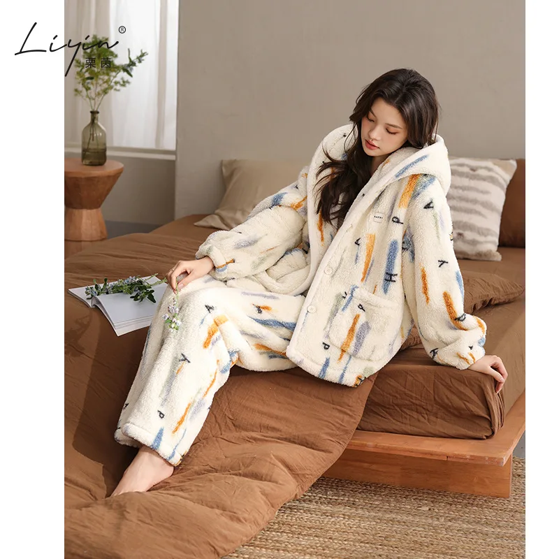 PJs Set Женский пижамный комплект Женские теплые зимние пижамы Модная домашняя одежда, утепленная пижама Милый и мягкий пижамный комплект новый