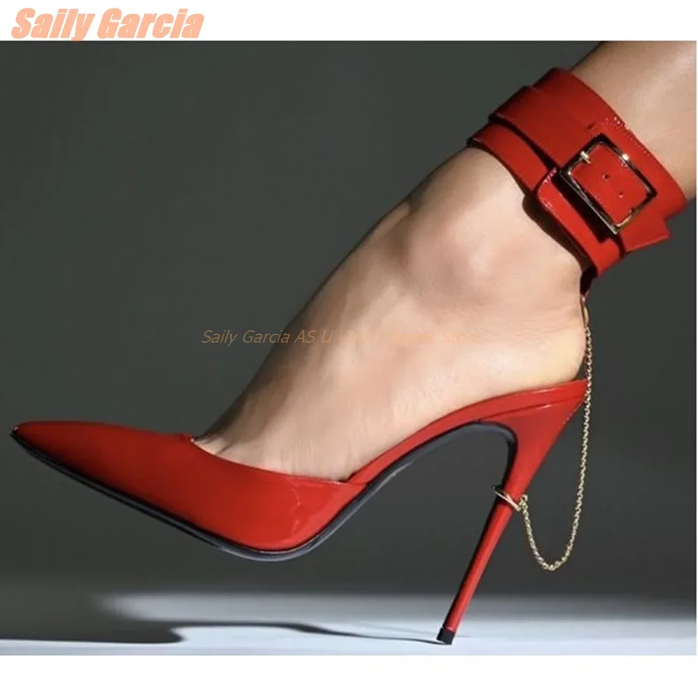 Sexy Chain Straps Sandals Pointed Toe Thin High Heel Black Red Summer Mature Women Shoes Shallow Anckle Straps Patent Leather