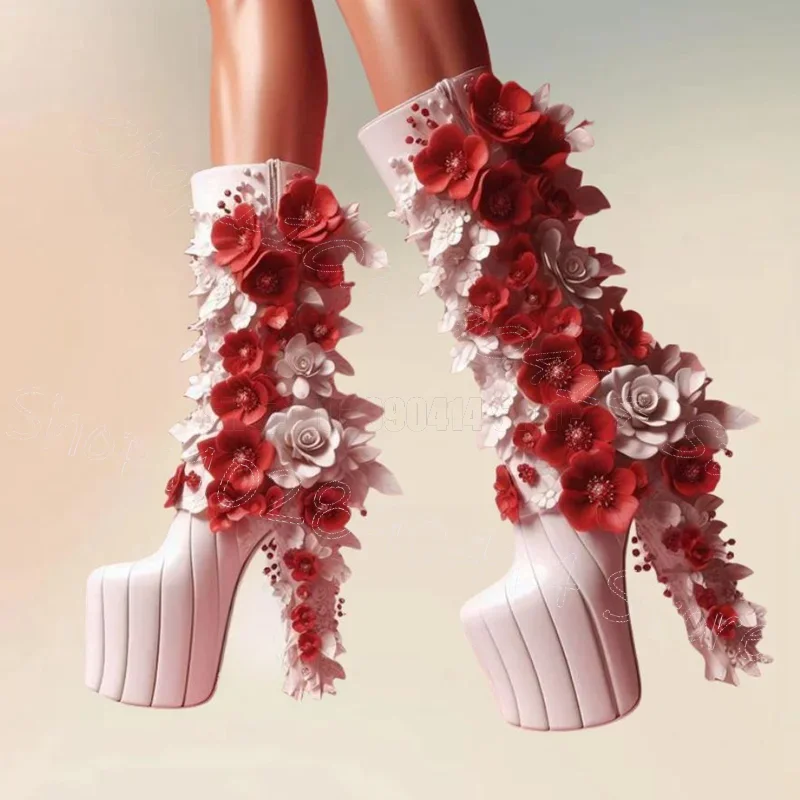 화이트 아플리케 레드 라운드 토 플랫폼 부츠 사이드 지퍼 여성 신발 청키 하이힐 파티 연회 2025 여성용 신발