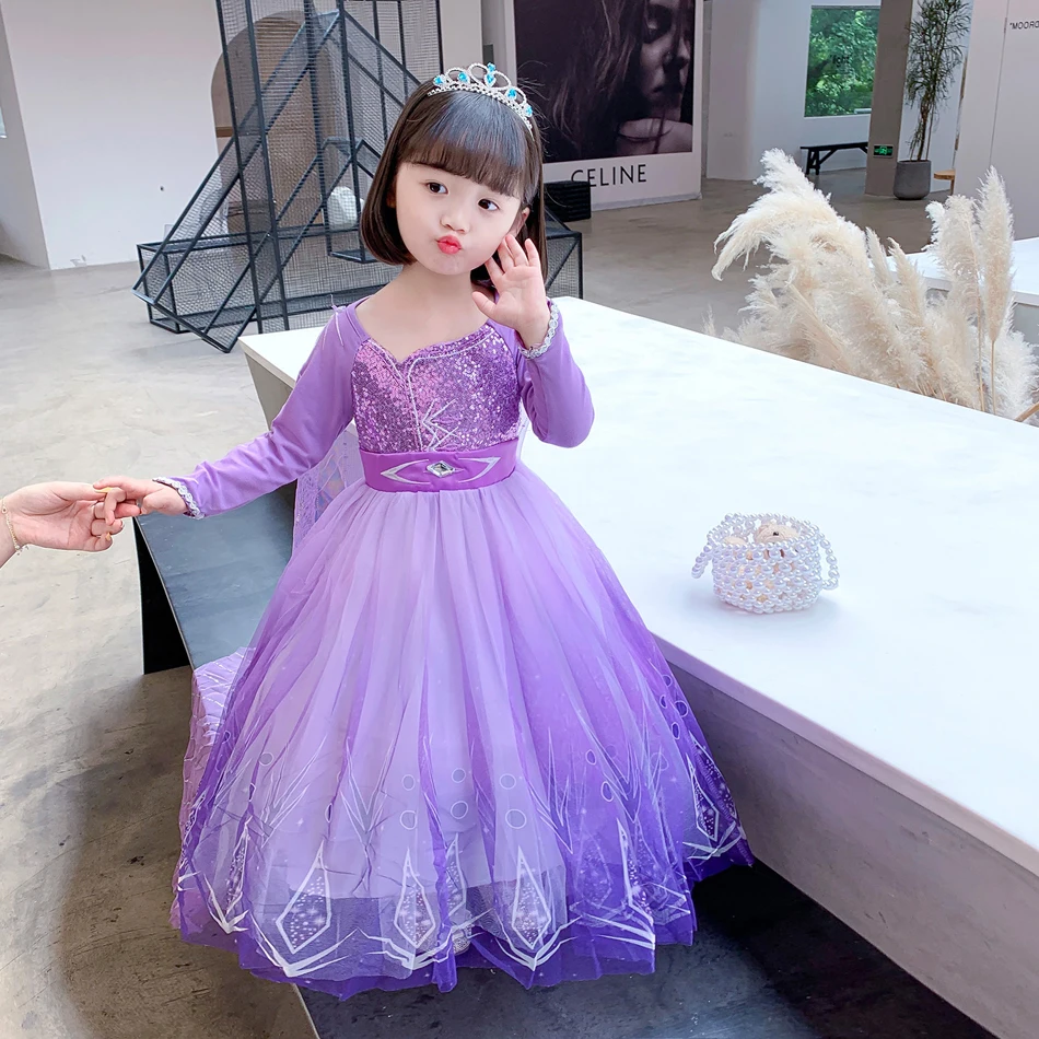 Princess Cosplay Elsa LED Dress Frozen 2 Girls Cosplay Sequins Fancy Costume Purple Ball Gown Christmas Birthday Party Clothes