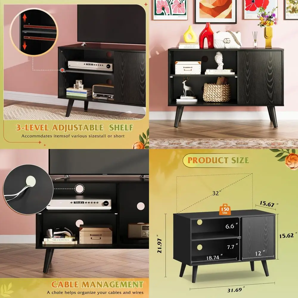 

Mid-Century 40 TV Stand with Storage, Compact Entertainment Center for Living Spaces, Black Console