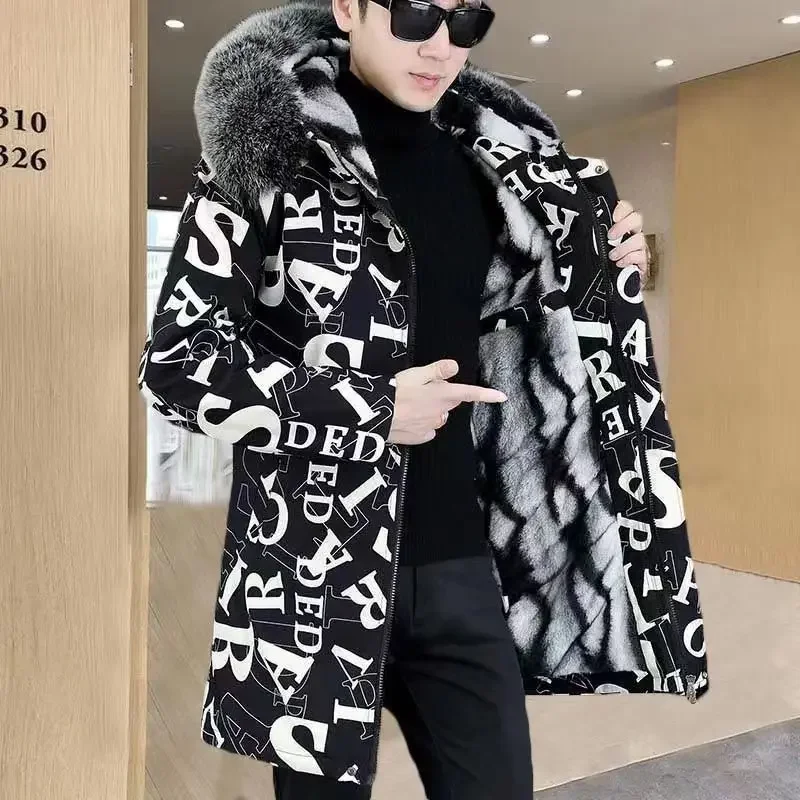 Cotton-Padded Coat Winter Men's Warm Parkas Coat Fashionable Mid-Length Thickened Jacket Brand Letter Print Fur collar