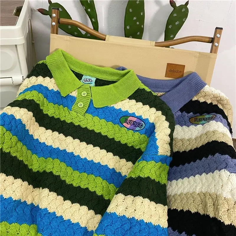 Colorblock twist POLO collar knitted sweater for women in autumn loose design color label top Japanese style gentle style jacket