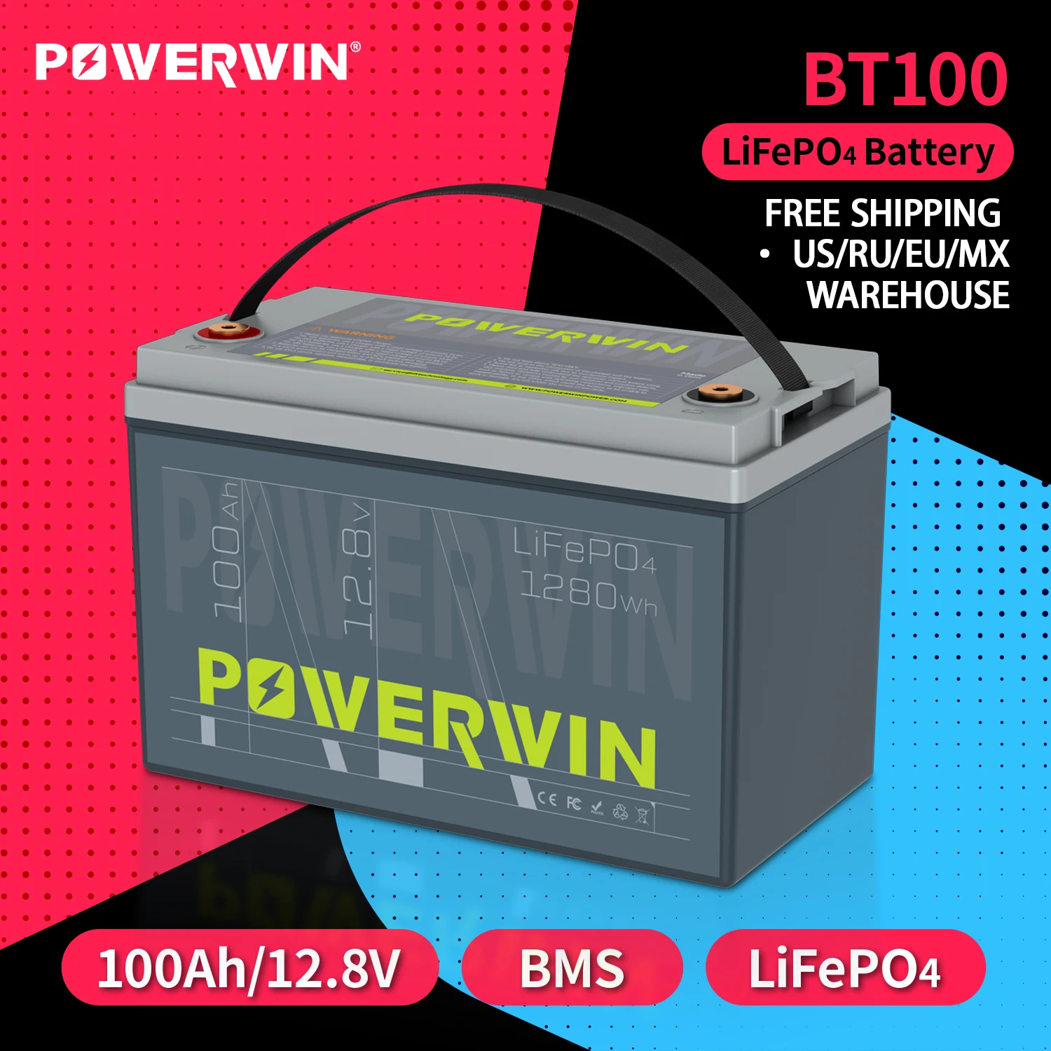 POWERWIN BT100 100Ah/1028Wh12V RV  LiFePO4 Battery Built-in BMS Off-grid Car Charge Energy Storage Solar Power System Inverter