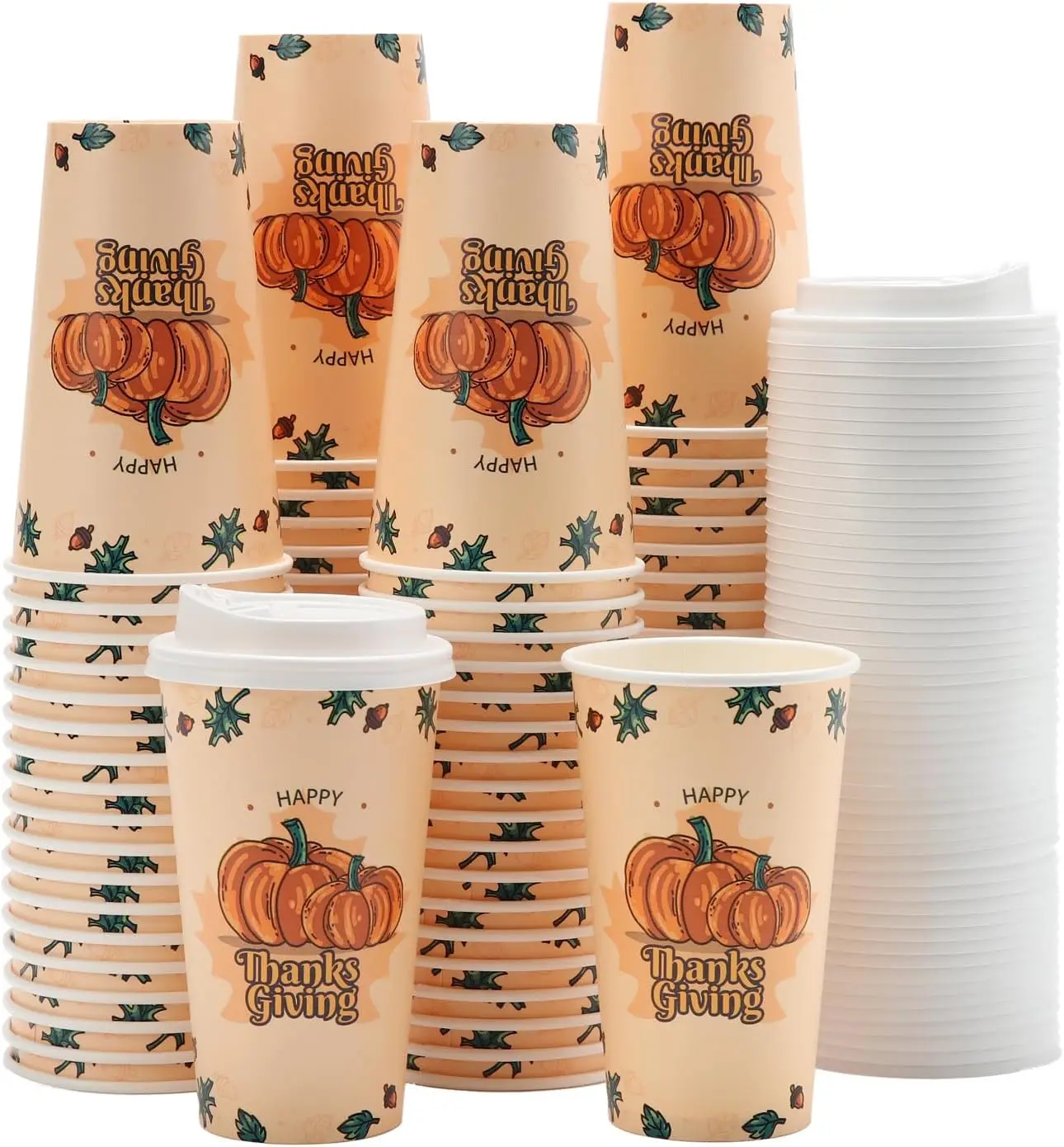 

100 PACK Thanksgiving Cups 16OZ Disposable Coffee Cups with Lids, To Go Coffee Cups with Lids Leak Proof, Pumpkin Paper