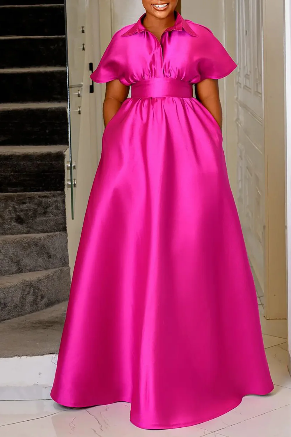 Plus Size Women’s Long Dress Pink Satin Short Sleeve Lapel Maxi Dress With Pocket Cocktail Wedding Guest Evening Party Dresses