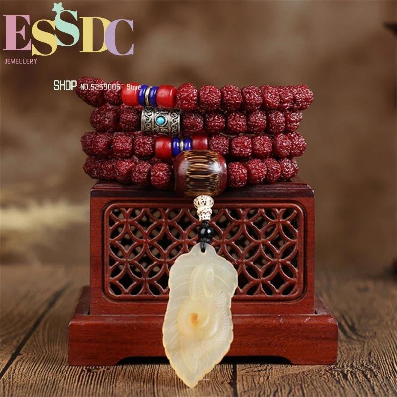 New Original Authentic Nepalese Machine Brush Tibetan Five-petal Rudraksha Beads Bracelet 108 Mala with Sheep Horn Snail Pendant