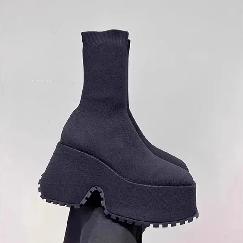 

Women Mid Calf Sock Boots High Heels Platform Shoes Woman Designer New Fad Goth Boots Walking Dress Mujer Trend Chelsea boots