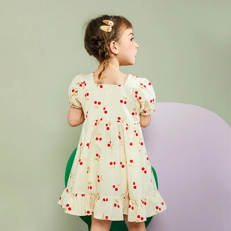 Baby Girls Dresses 100% Cotton Cherry Printed Short Sleeve Cute 24M 7T Kids 2022 Summer Korea Style Kawaii Children Wear 90cm