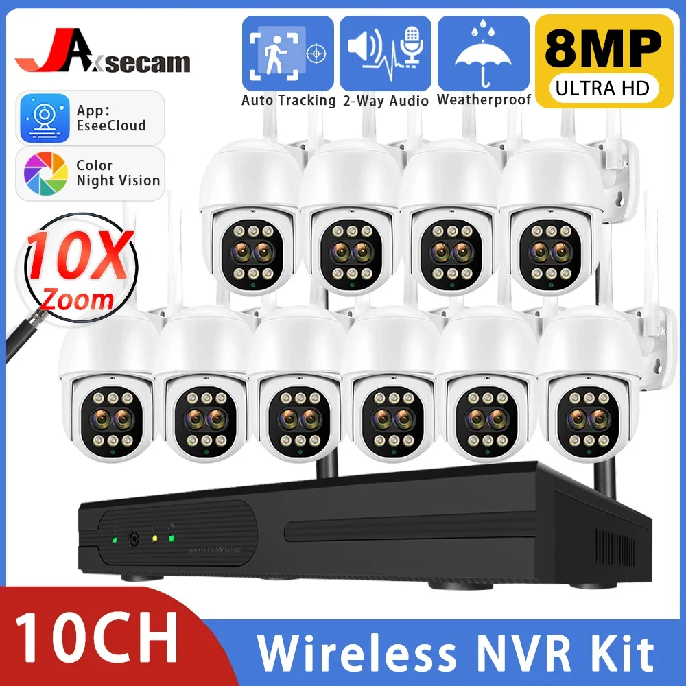 Sistema de videovigilancia inalámbrico NVR para exteriores, Kit de cámaras de visión nocturna a Color, 10 canales, 4K, 8MP, WiFi, Ip66, Zoom 10X