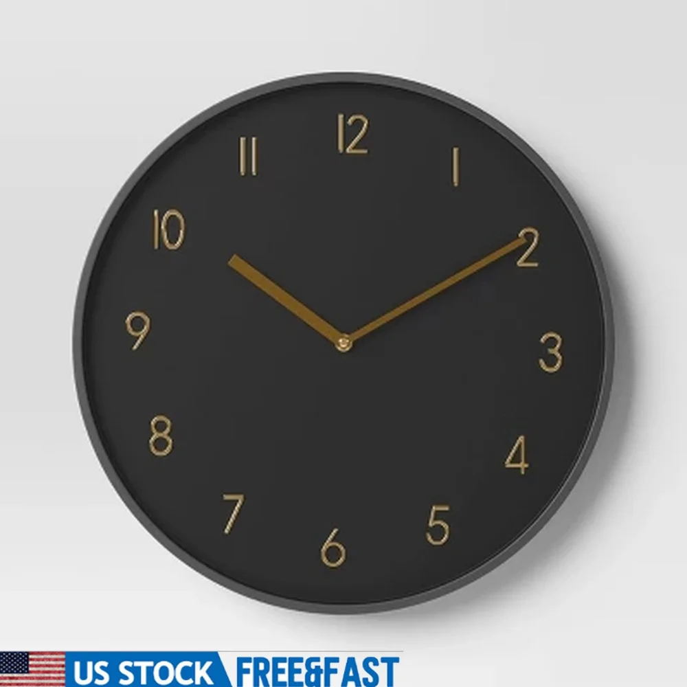 

Sleek 16 Inch Round Wall Clock Black Brass Modern Home Decor Kitchen Accent Analog Display Indoor Use