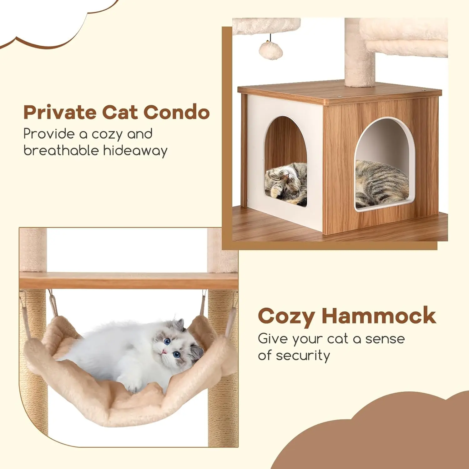 Tall Cat Tree, 68 Inch Modern Wood Cat Tower with Sisal Scratching Posts, 3 Padded Perches, Condo, 2-in-1 Ladder, Customized - view 5