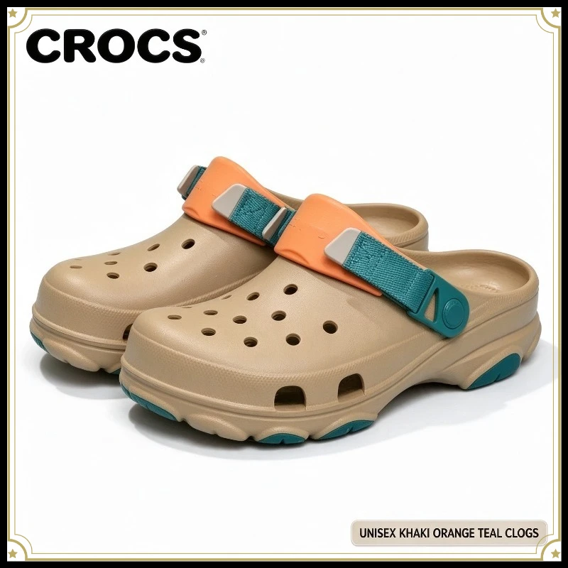 Crocs Khaki Color Block Adventure Clogs Unisex EVA Non Slip Hole Shoes Adjustable Webbing Strap Outdoor Beach Slip on Sandals