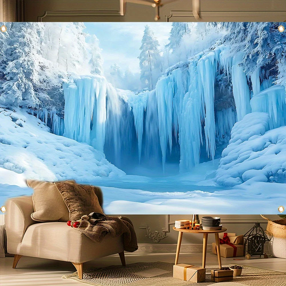Winter Wonderland Party-Banner, Hintergrundstoff mit Gletscher-Schneeflockenmuster, Polyestermaterial, Weihnachts- und Winterdekoration